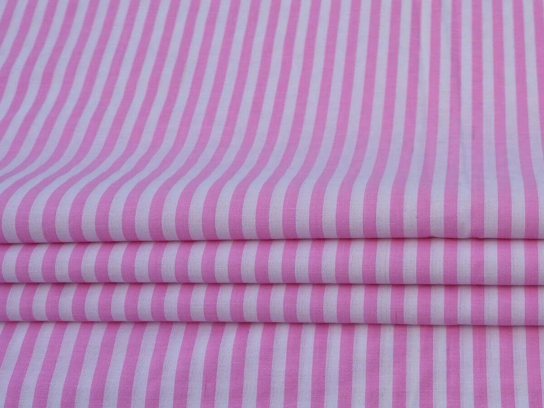 Indian Cotton Stripe Fabric featuring soft pink and white stripes, perfect for sewing and crafts.
