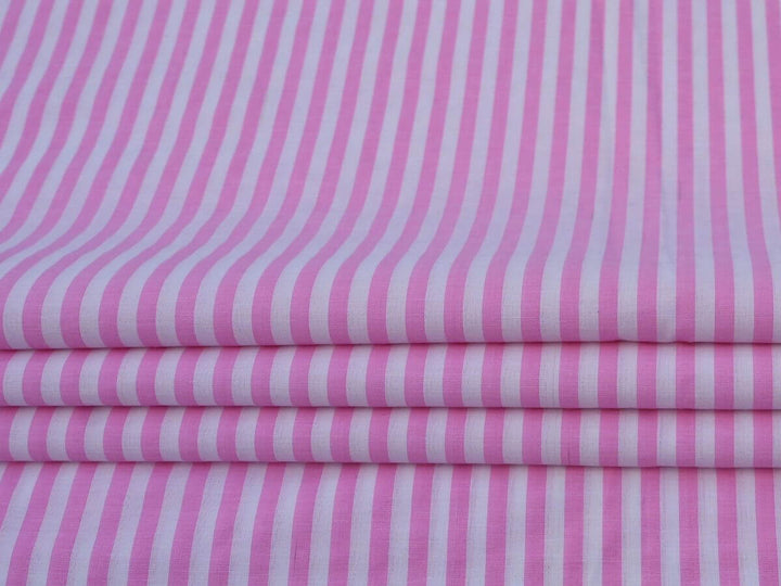 Indian Cotton Stripe Fabric featuring soft pink and white stripes, perfect for sewing and crafts.