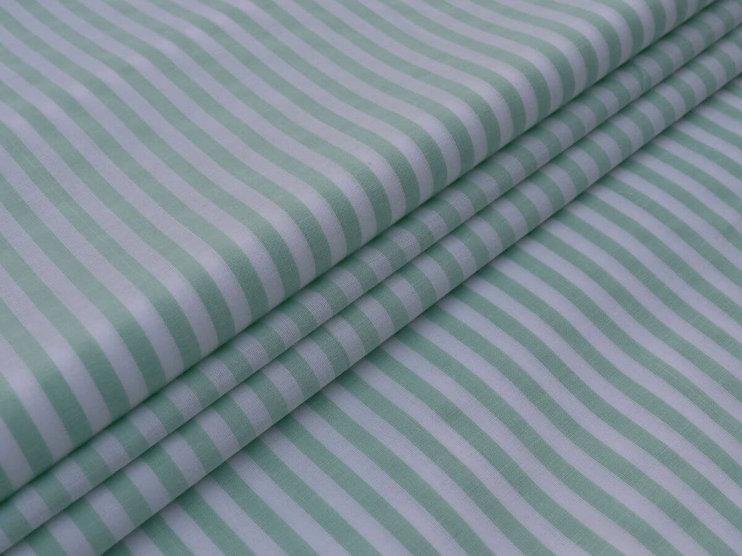 Online Fabrics by Yard Store - Indian Cotton Stripe Fabric in green and white, perfect for sewing and crafting.
