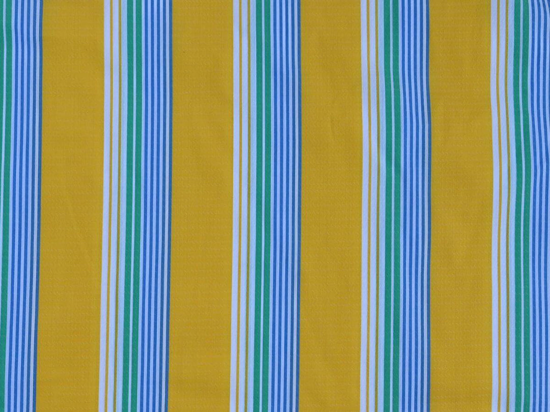 Stripe By the Yard Fabric in vibrant yellow, blue, and green stripe pattern, perfect for sewing and crafting.