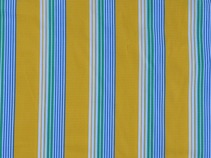 Stripe By the Yard Fabric in vibrant yellow, blue, and green stripe pattern, perfect for sewing and crafting.