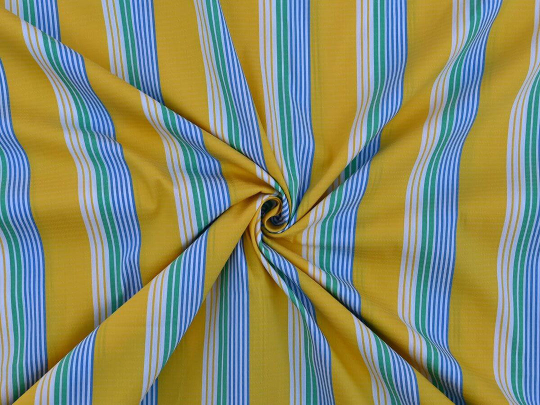Stripe By the Yard Fabric in vibrant yellow and multi-color stripes, perfect for sewing projects or crafts.