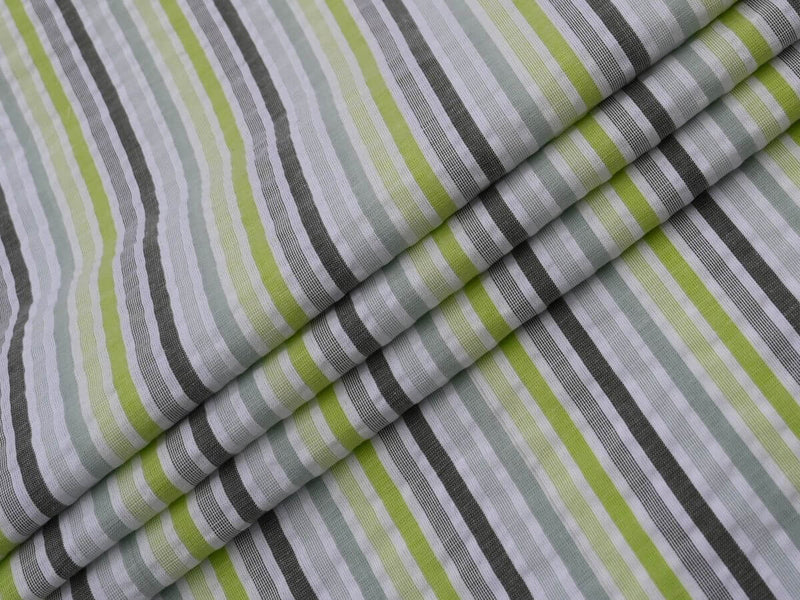 Stripe seersucker fabric for women cotton cloth featuring a modern striped pattern in green and gray tones.