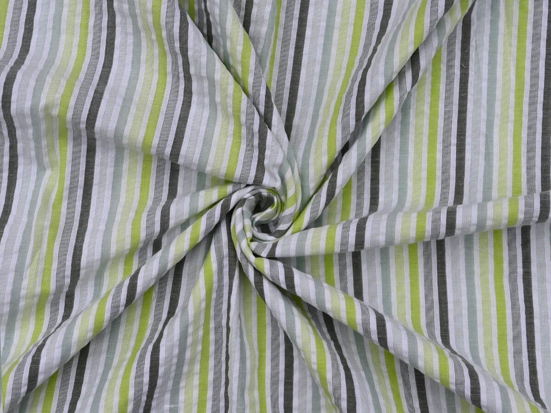 stripe seersucker fabric for women showcasing a colorful striped pattern in green, gray, and white, ideal for warm-weather clothing.