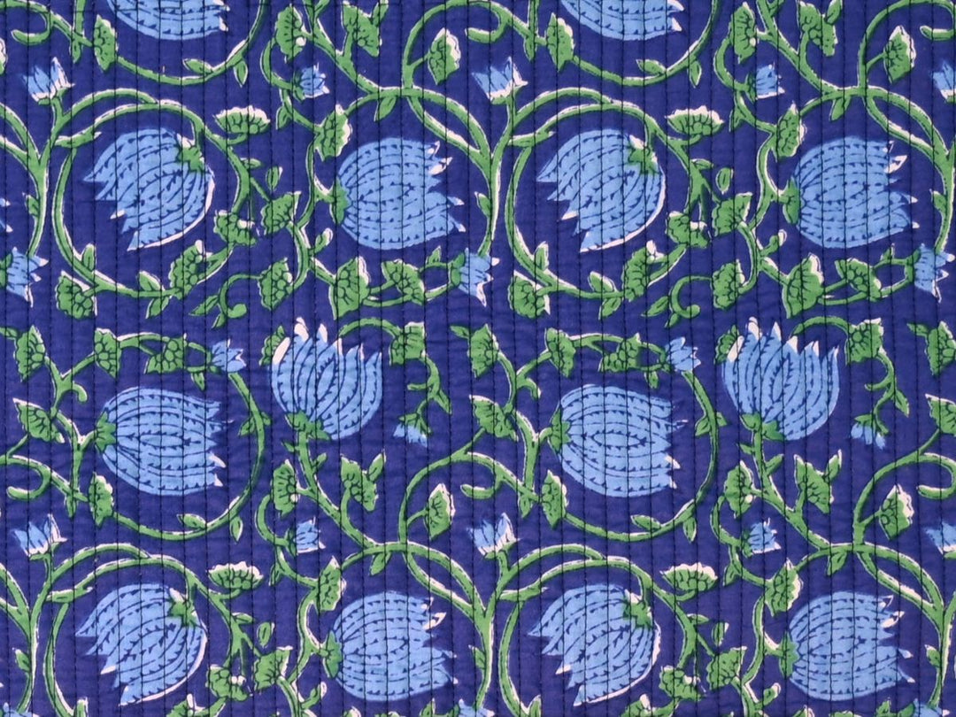 Floral Block Print Quilting Fabric | Green & Blue Cotton Fabric | Indolibas
