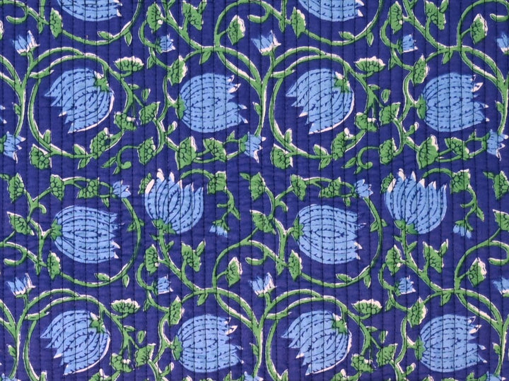 Floral Block Print Quilting Fabric | Green & Blue Cotton Fabric | Indolibas