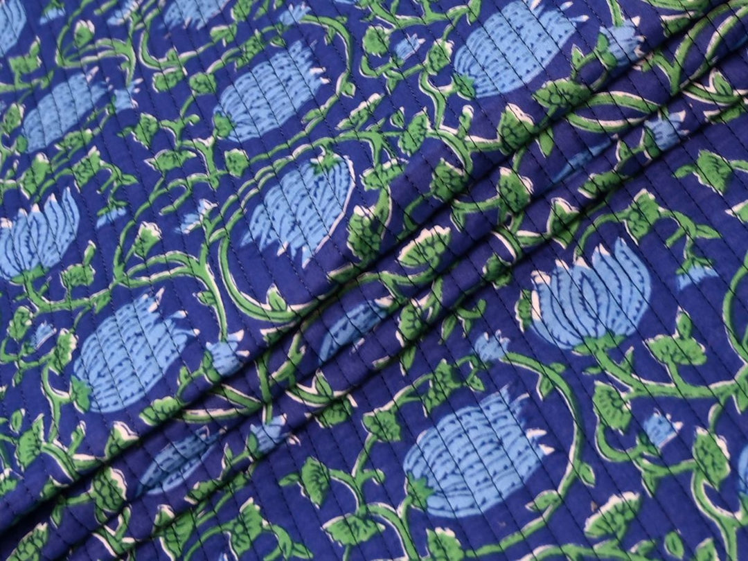 Indolibas green and blue floral block print quilting fabric