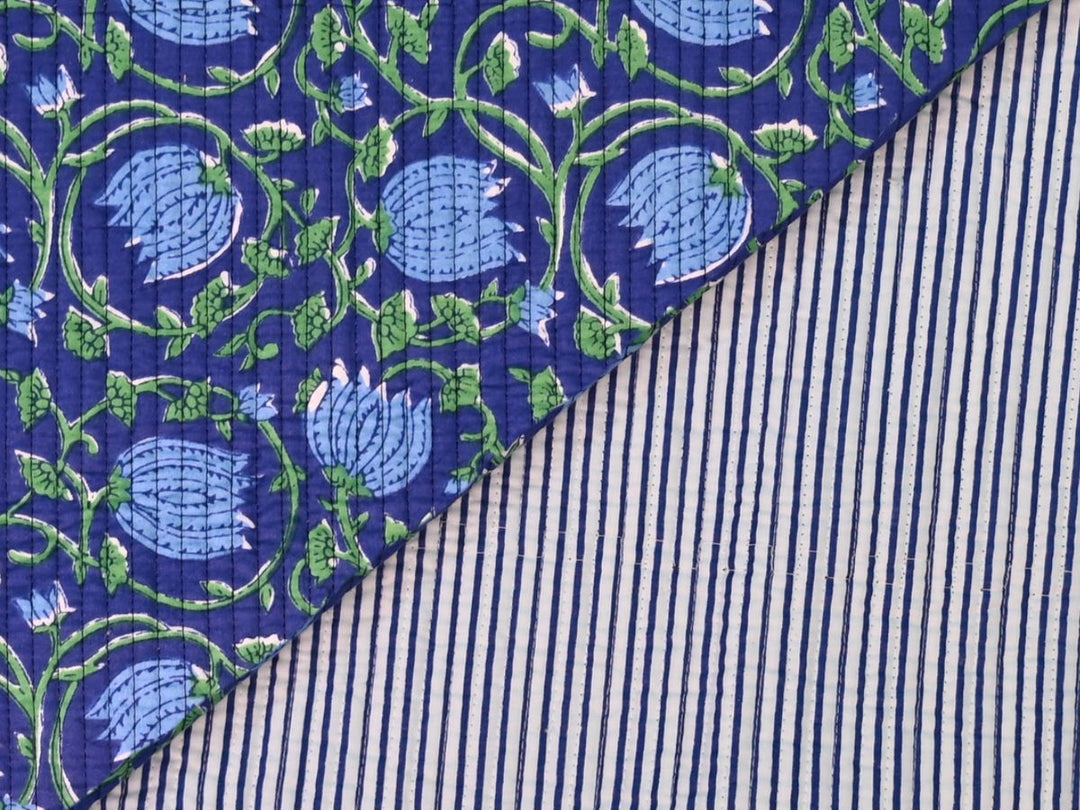 Floral block print cotton quilting fabric in green and blue
