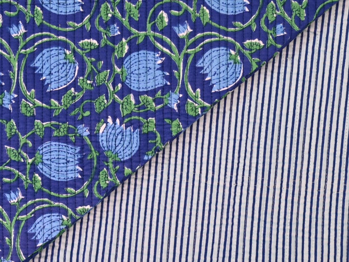 Floral block print cotton quilting fabric in green and blue