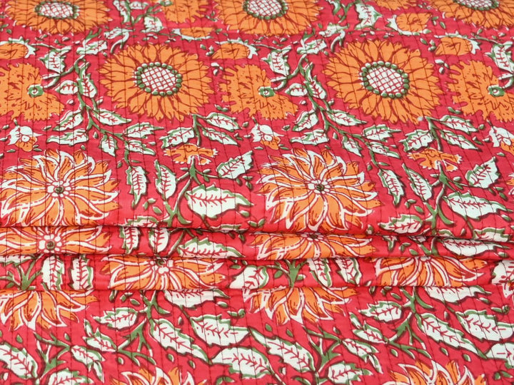 Woodblock Quilting Fabric | Red Floral Cotton Quilt Fabric | Indolibas