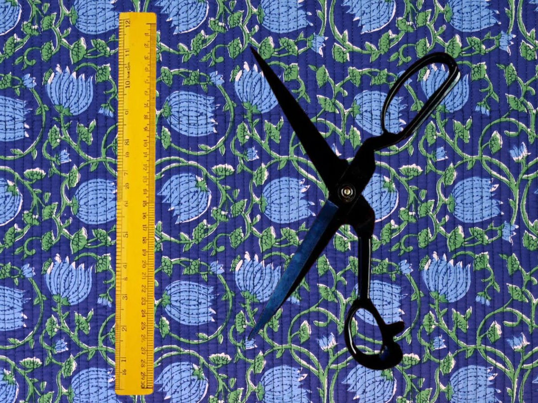 Green and blue Indian-inspired floral block print fabric
