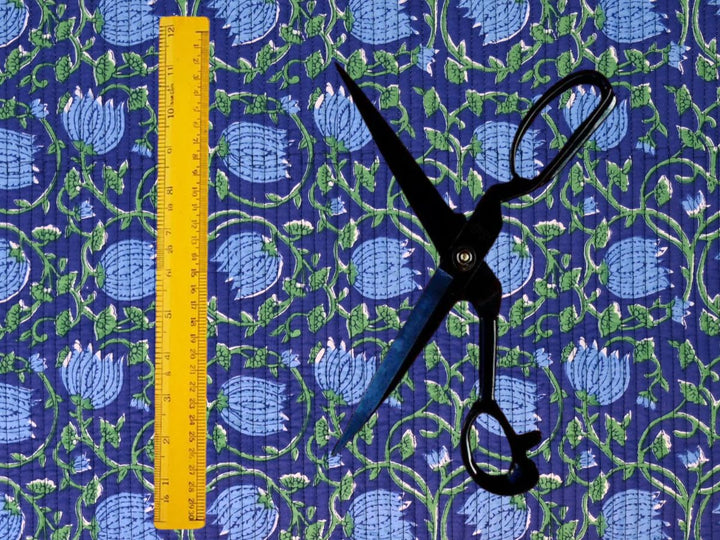 Green and blue Indian-inspired floral block print fabric