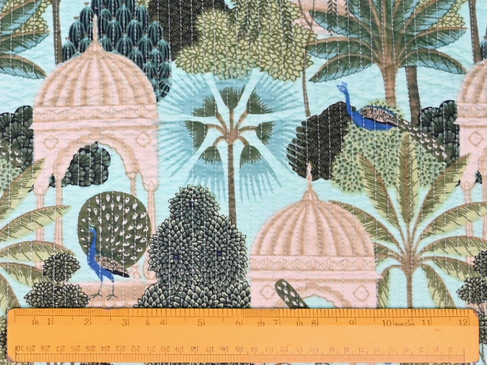 Quilted cotton upholstery fabric with colorful tropical botanical print