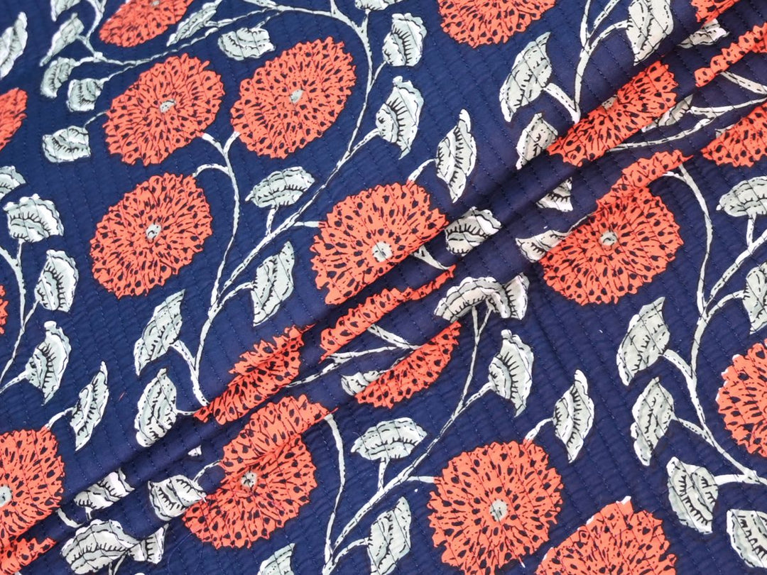 Navy Blue Quilted Fabric | Floral Cotton Indian Quilting Fabric by the Yard | Indolibas