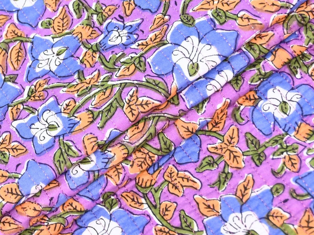 Purple Floral Quilted Fabric | Blue Flower Indian Quilt Fabric | Indolibas