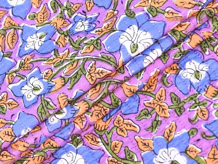 Purple Floral Quilted Fabric | Blue Flower Indian Quilt Fabric | Indolibas