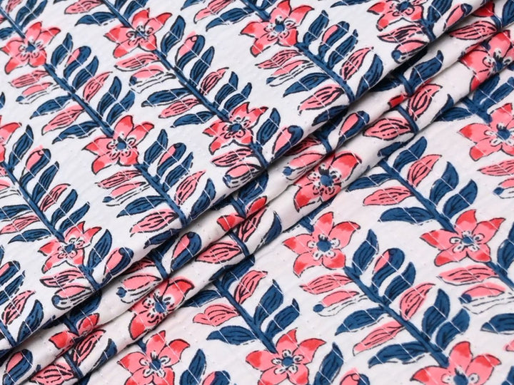 Quilted Upholstery Fabric by the Yard | Coral Navy Floral Stripe | Indolibas
