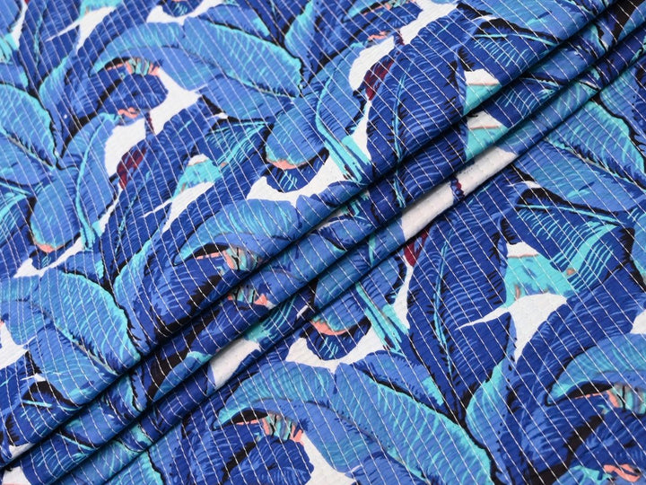 Quilted Cotton Fabric by the Yard | 400 GSM Blue Tropical Leaf Reversible | Indolibas