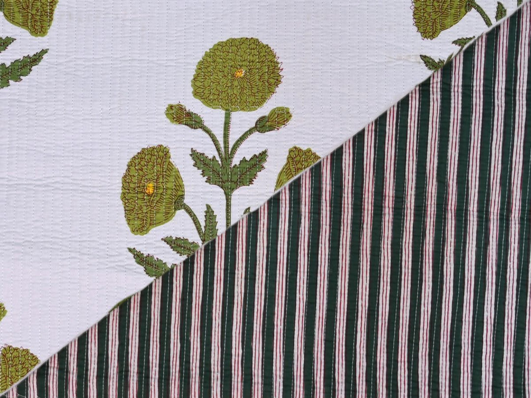 Quilted fat quarter bundle with green floral block print on white