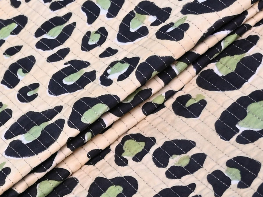 Cotton Fabric for Bags by the Yard | Green Leopard Quilted Print | Indolibas