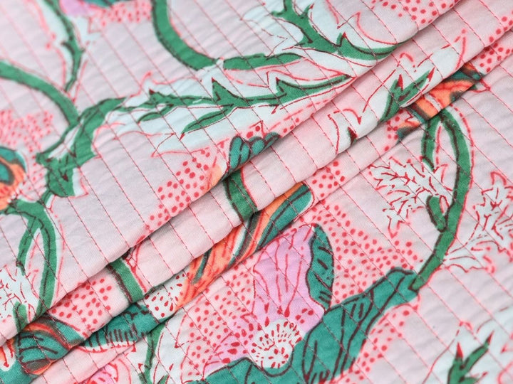 Quilting Cotton Fabric by the Yard Continuous Cut | Pink Poppy Reversible | Indolibas