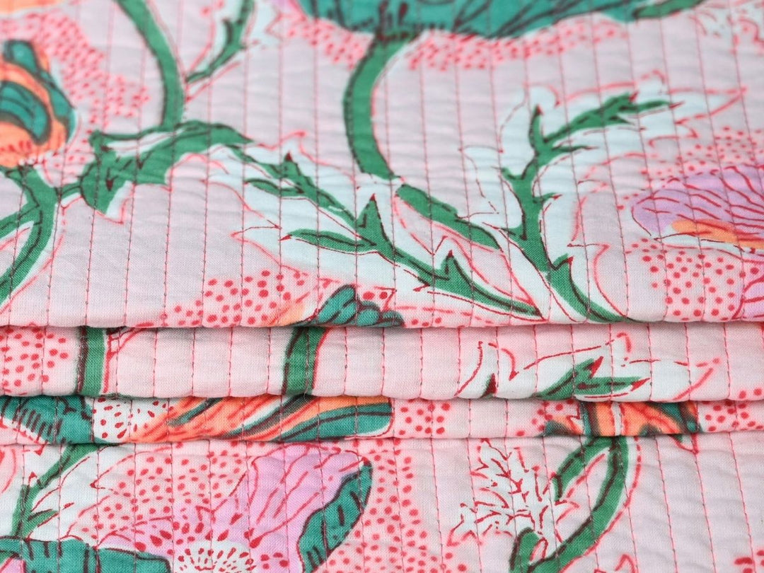 Quilting Cotton Fabric by the Yard Continuous Cut | Pink Poppy Reversible | Indolibas