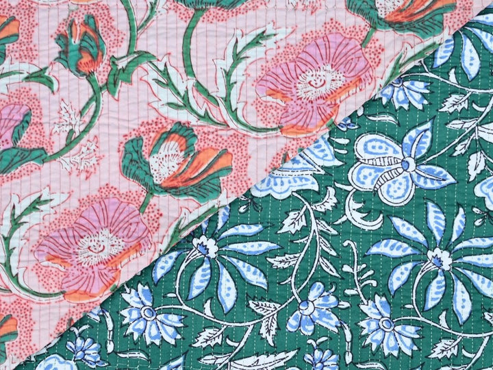 Quilting Cotton Fabric by the Yard Continuous Cut | Pink Poppy Reversible | Indolibas