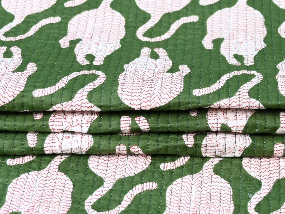 Cut to Order Quilting Fabric | Green White Tiger Print Reversible | Indolibas