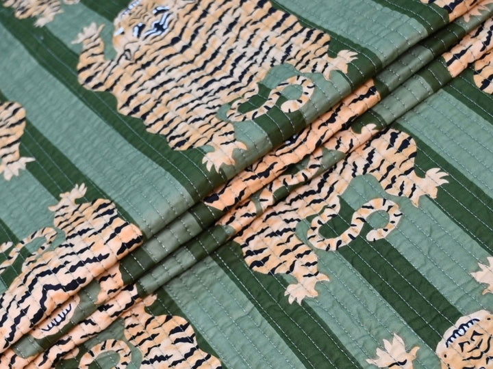 Quilted Fabric for Bags by the Yard | Green Tiger Print Reversible | Indolibas