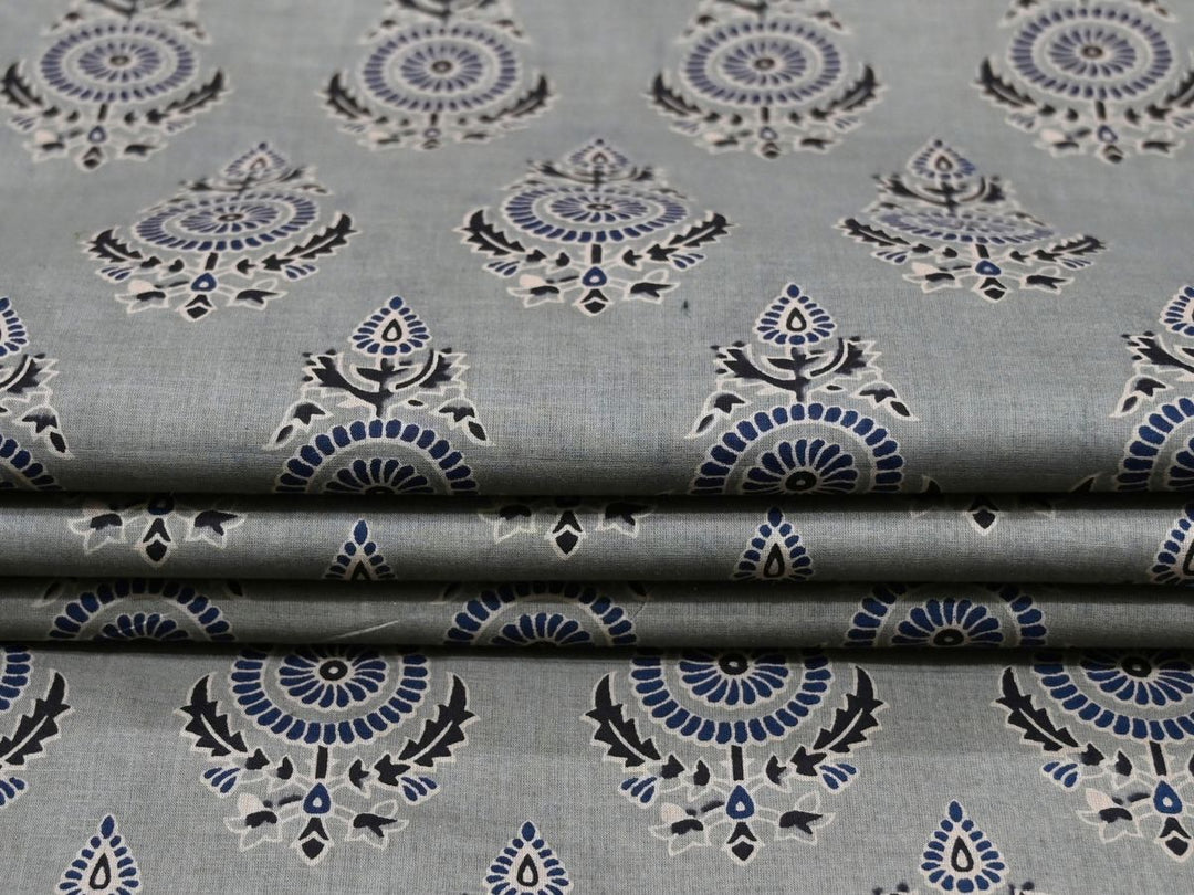 Close-up of grey block print fabric showing blue and white floral motifs
