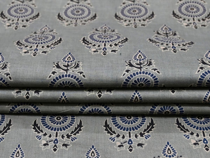 Close-up of grey block print fabric showing blue and white floral motifs
