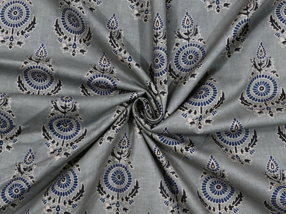 Grey block print cotton fabric by the yard with blue white floral motifs