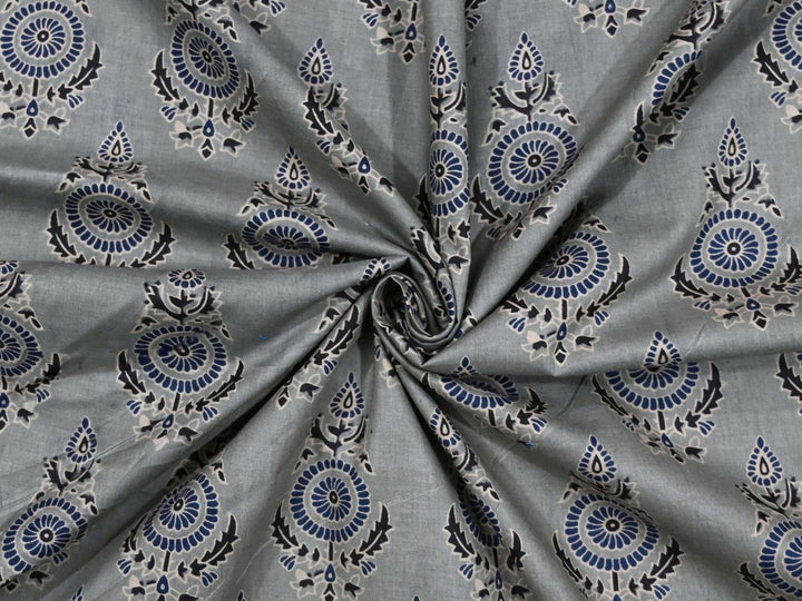 Grey block print cotton fabric by the yard with blue white floral motifs