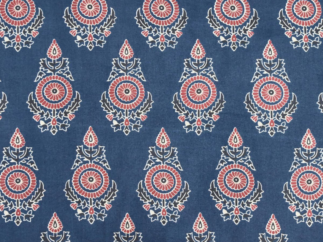 Indigo Indian block print cotton fabric with repeating floral sprig pattern