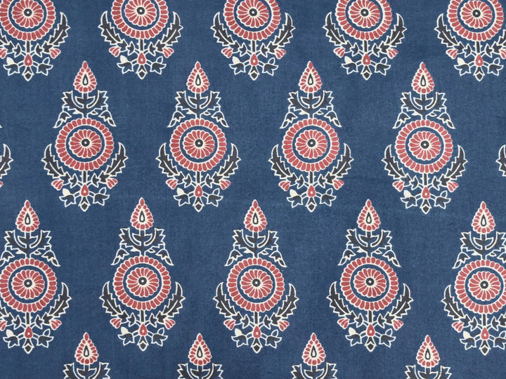 Indigo Indian block print cotton fabric with repeating floral sprig pattern