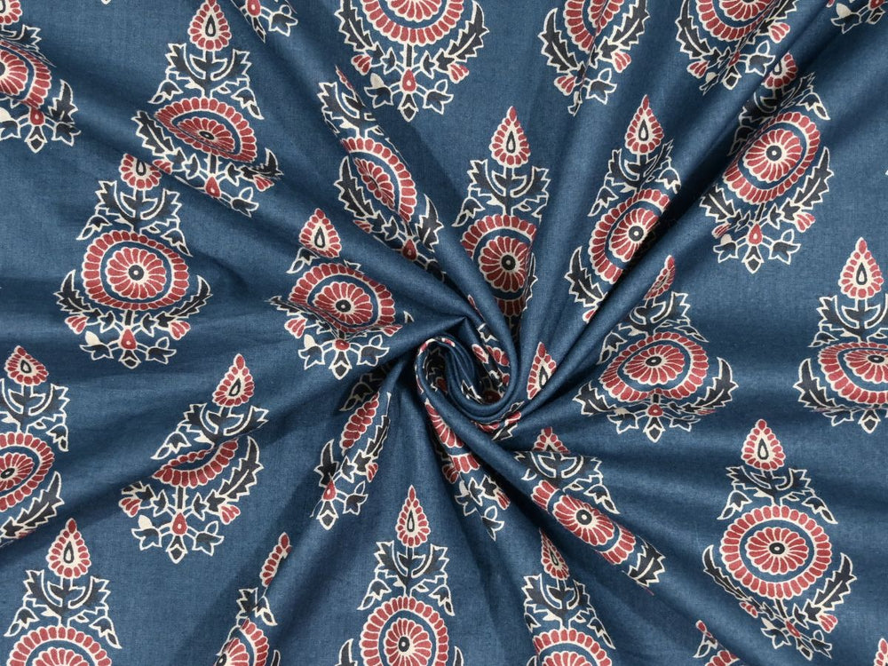 Block print curtain fabric by yard with indigo blue background and rose florals