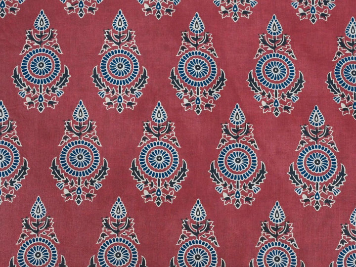 Indian block print cotton fabric with repeating floral sprig pattern