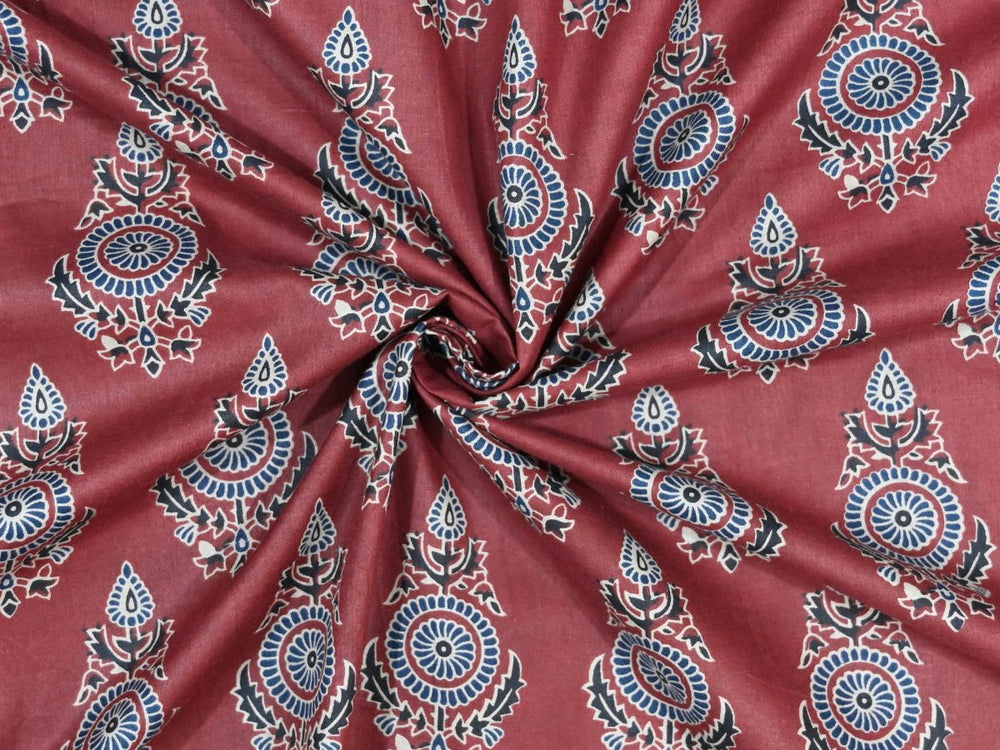 Bagru print fabric online with maroon background and blue white florals