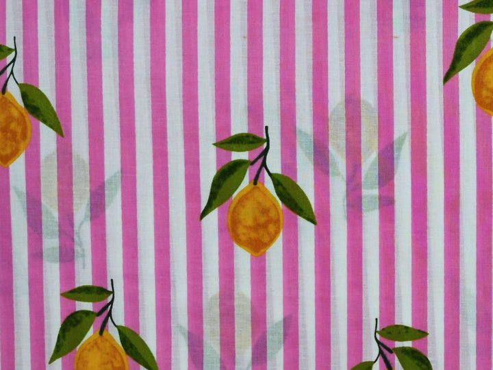 Pink and white striped cotton fabric with yellow lemon motifs