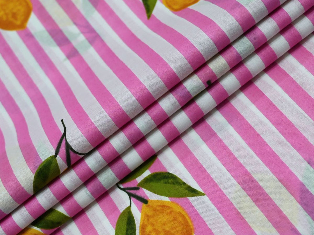 Indian Textile Fabric by the Yard | Pink Lemon Stripe Cotton Print | Indolibas
