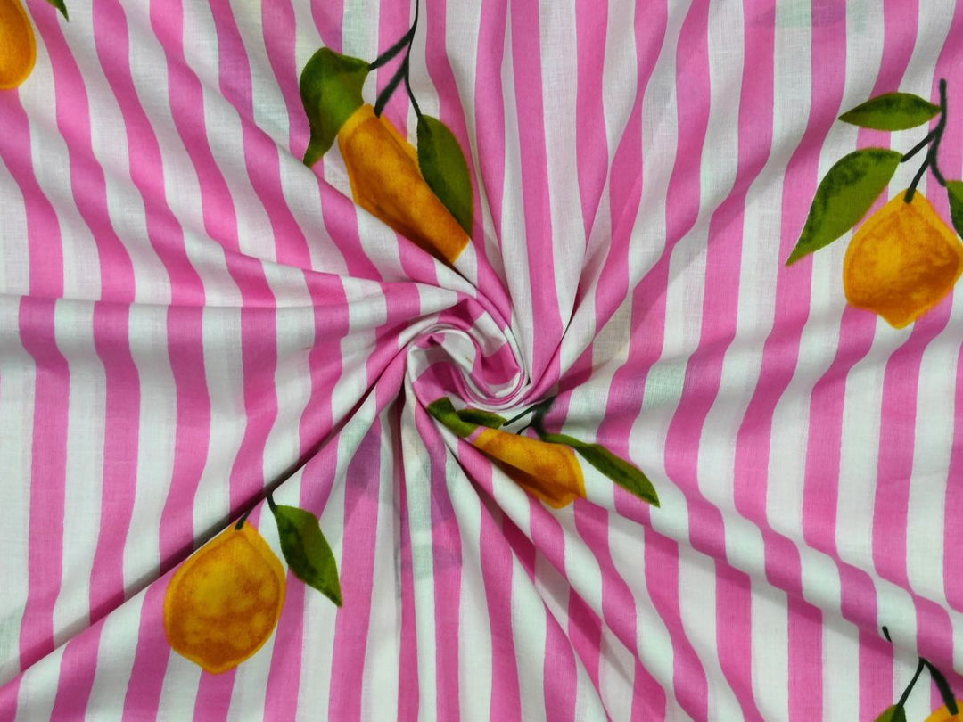 Indian textile fabric by the yard with pink lemon stripe cotton print