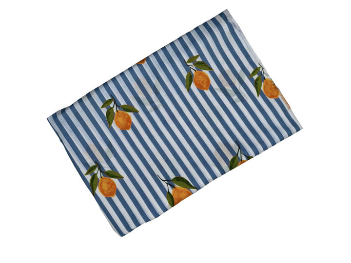 Vertical stripe cotton fabric showing thin blue and white striped pattern