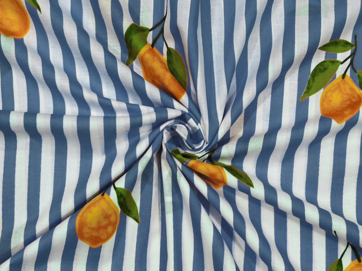 Blue lemon stripe fabric with yellow lemons and green leaves
