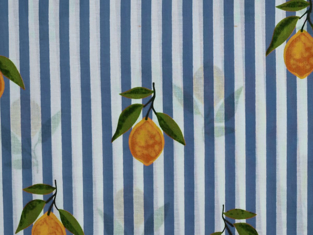 Thin stripe vertical cotton fabric by the yard with blue and white stripes