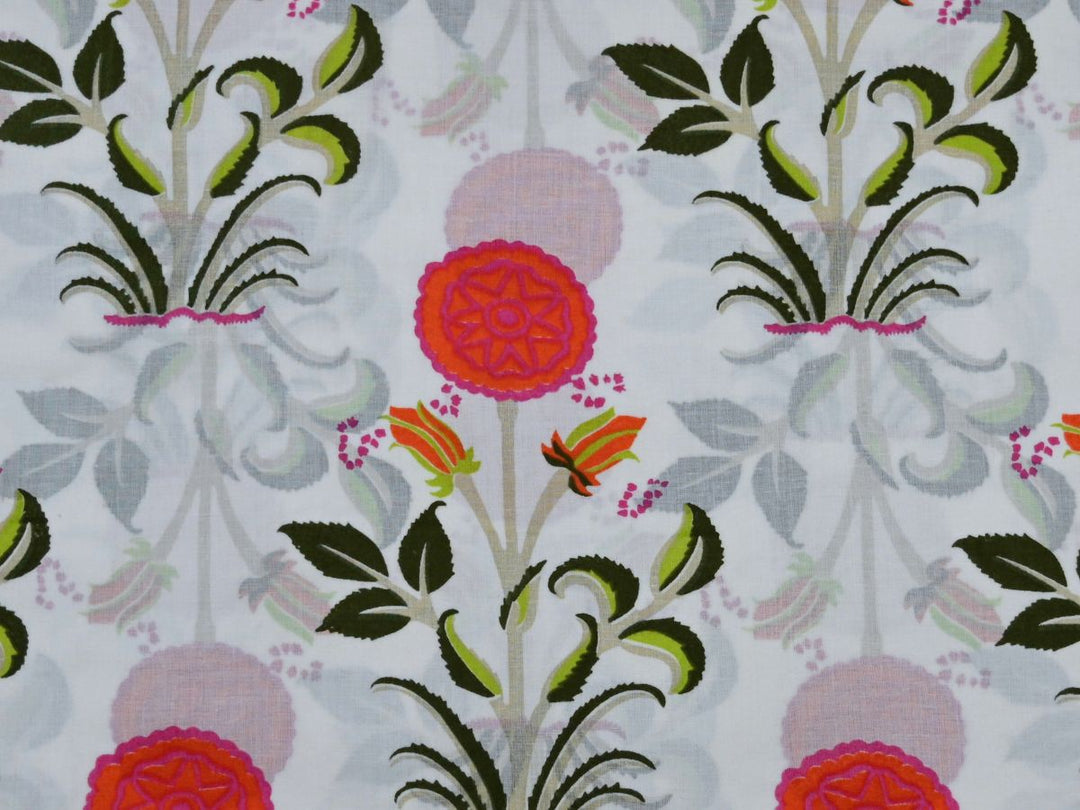 Woodblock print fabric by the yard with White floral and red tulips