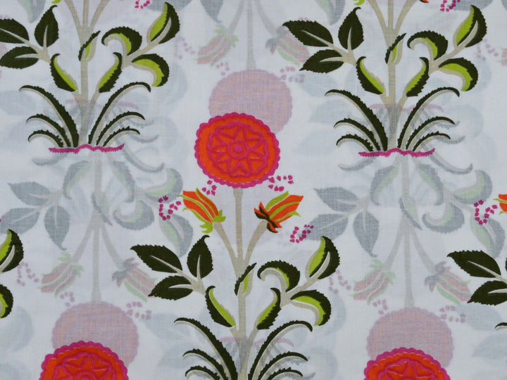 Woodblock print fabric by the yard with yellow birds and red tulips