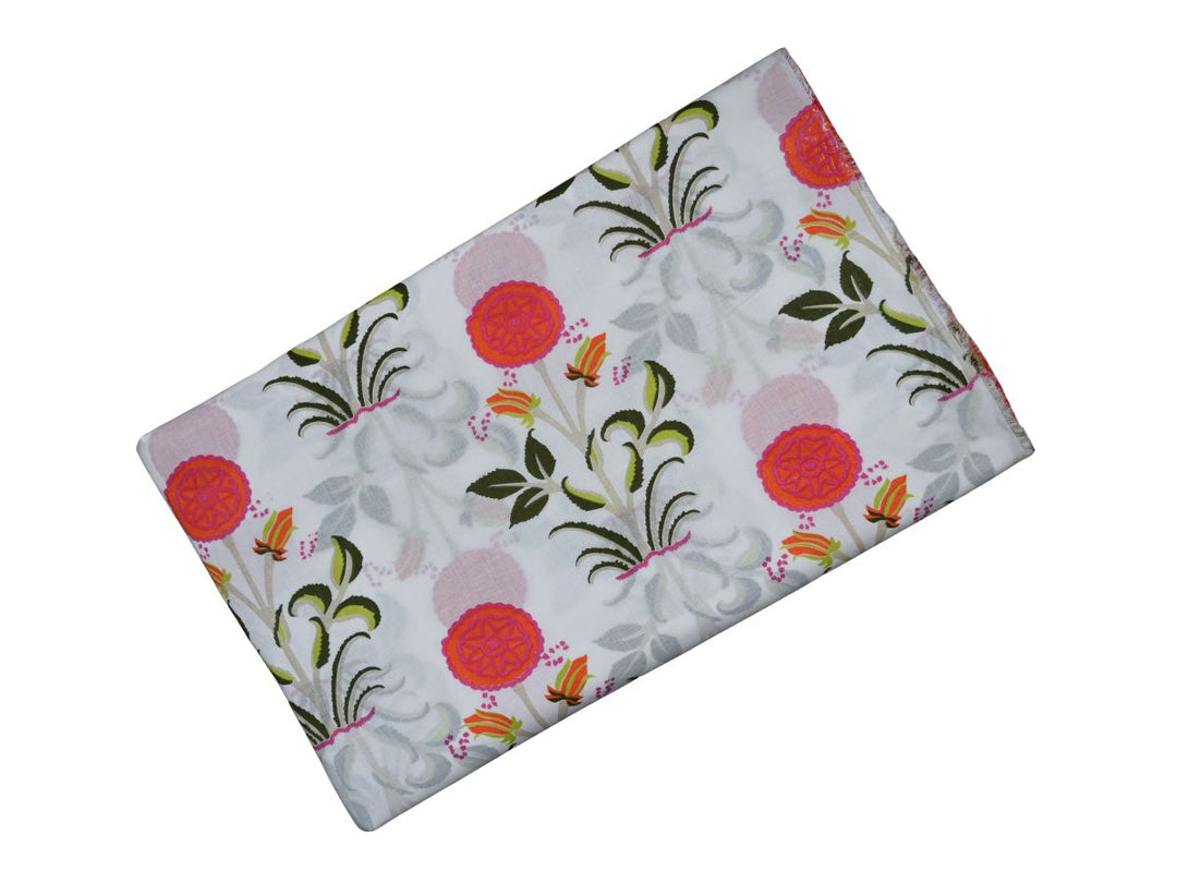 Indian block print fabric with white background and folk art bird design