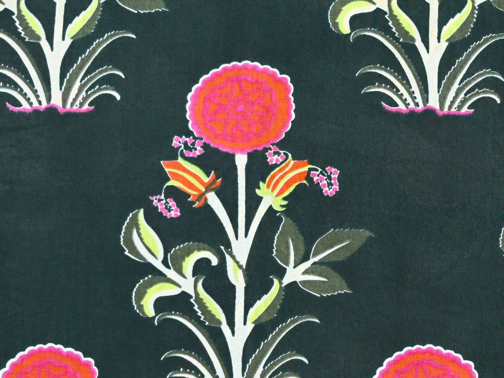 Indian block print fabric by the yard with pink floral medallions on green