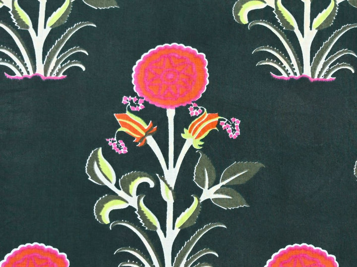 Indian block print fabric by the yard with pink floral medallions on green