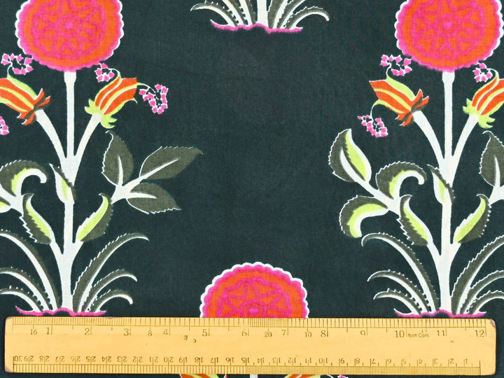 Green and pink floral print fabric showing white stems and leaf details